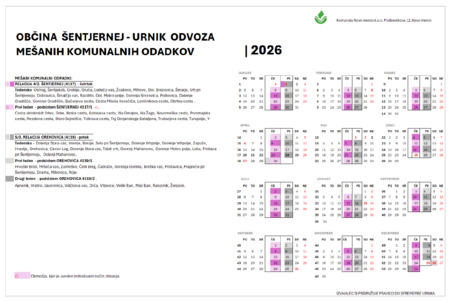 Občina Šentjernej - Urnik odvoza mešanih komunalnih odpadkov 2026